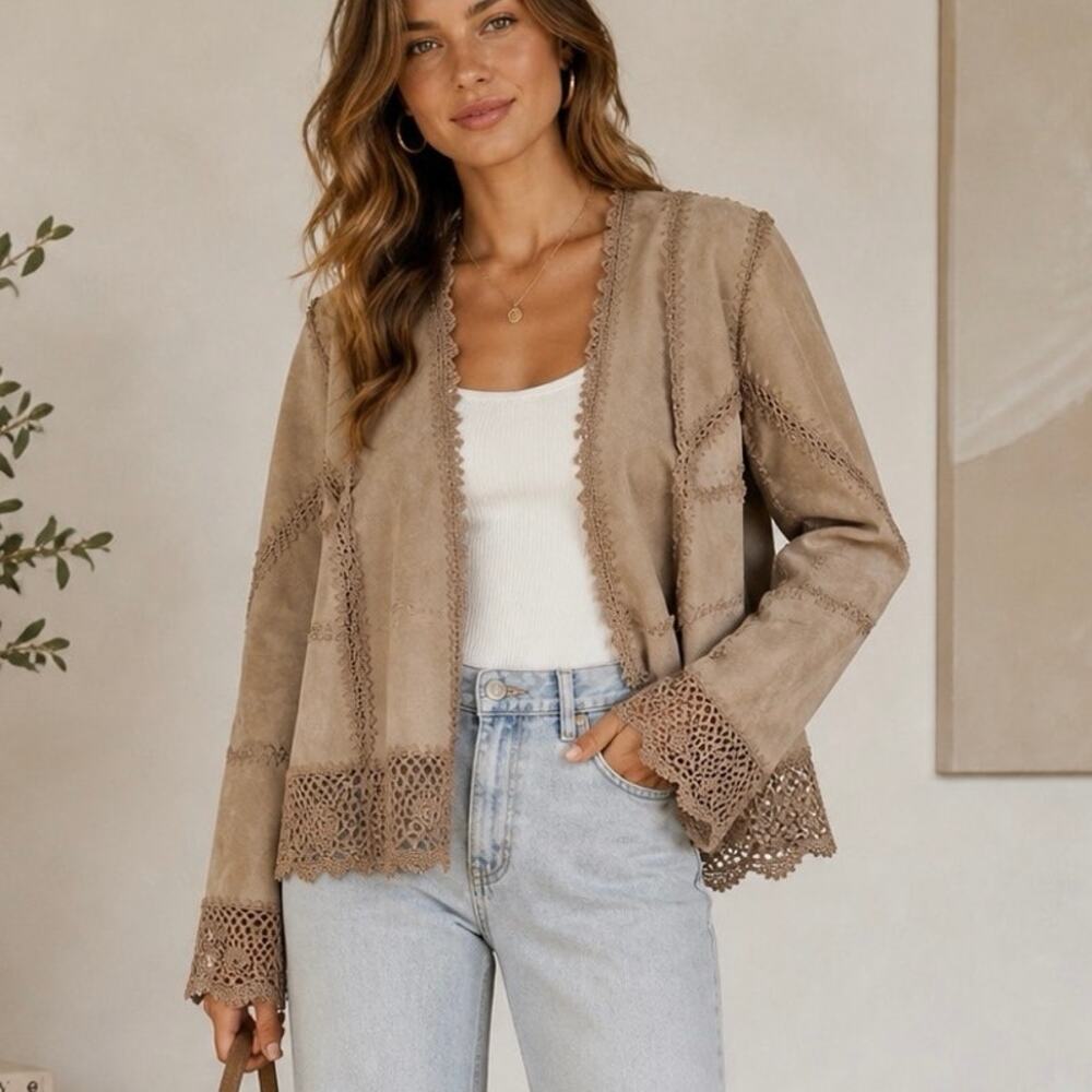 Suede Essentials Lace Trim Button Front Leather Jacket Beige Brown Women's Large